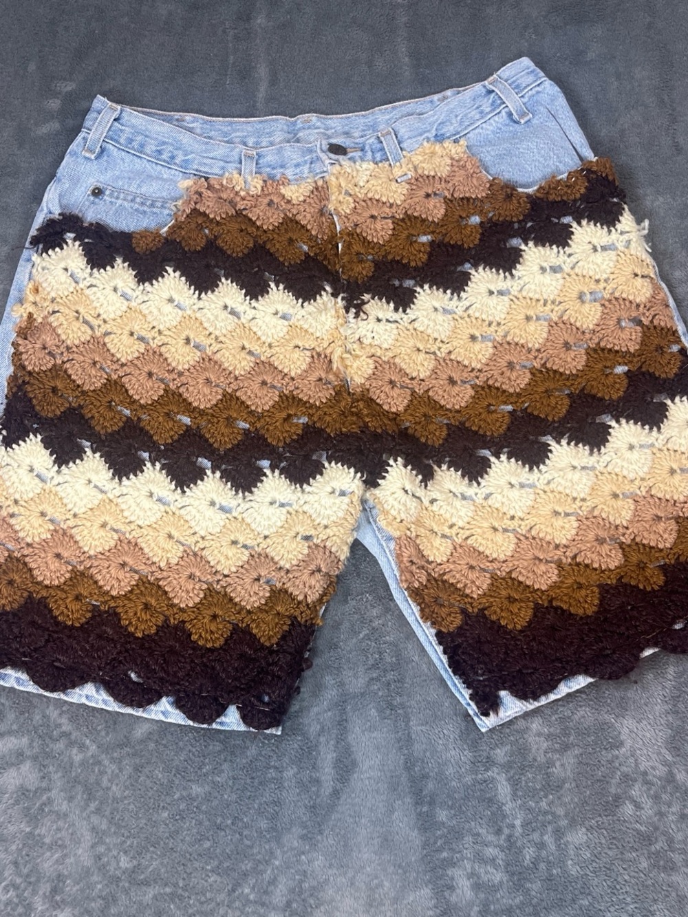 Handmade Crochet Patchwork Denim Shorts - Brown & Cream Ombre